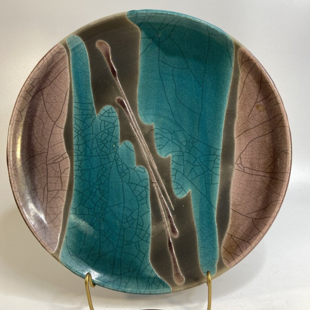 Tony Evans Raku Art Pottery Footed Bowl Signed Mauve Turquoise Glazed Round 13in
